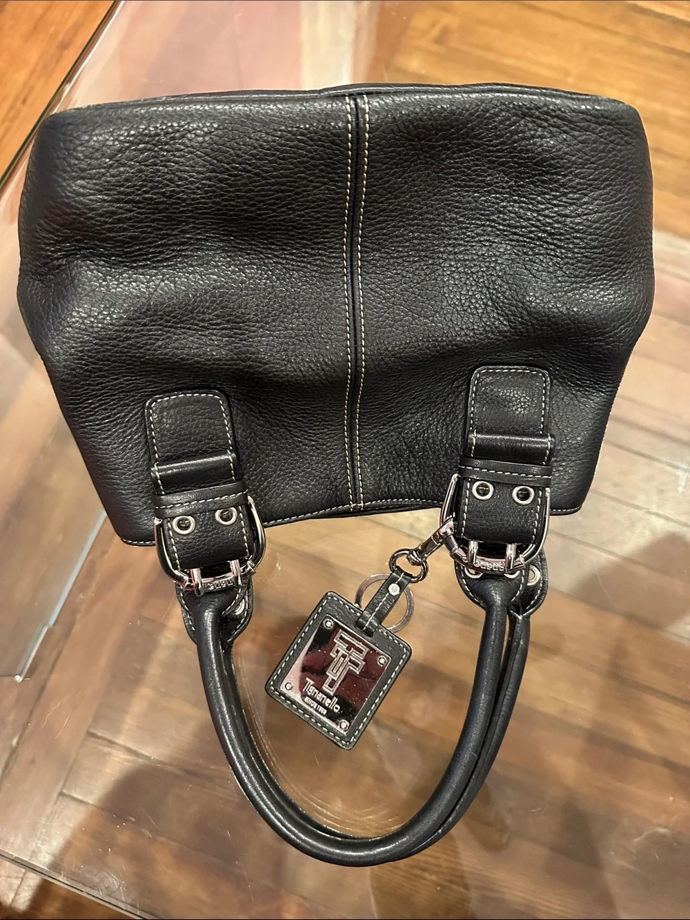 Tignanello Black Pebbled Leather Satchel with Silver Hardware